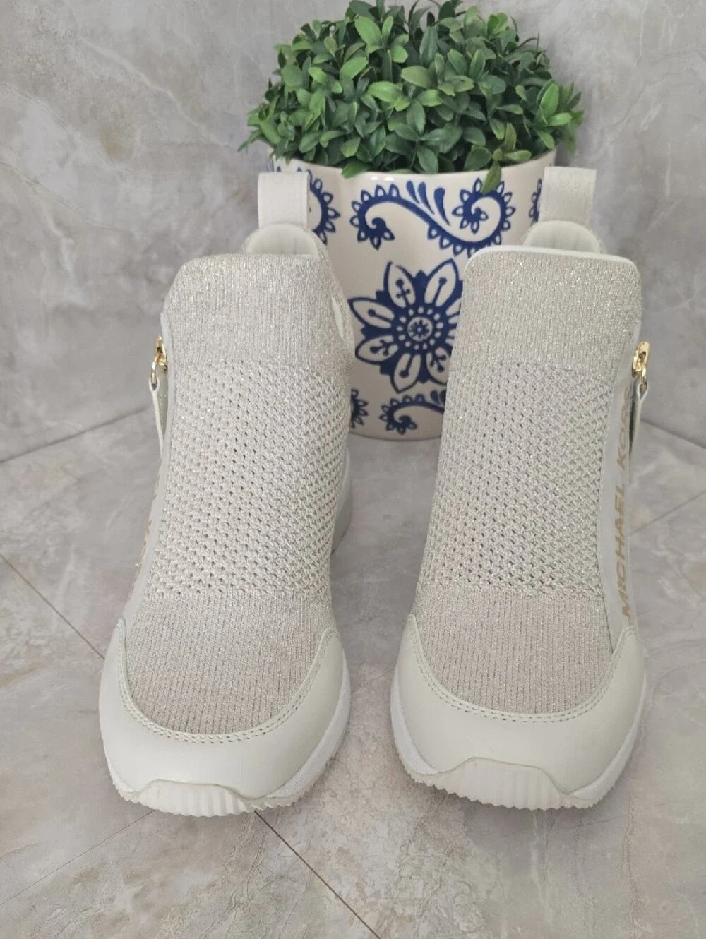 Michael Kors Willis Metallic Stretch Knit Wedge Trainer Sneakers Champagne 7.5